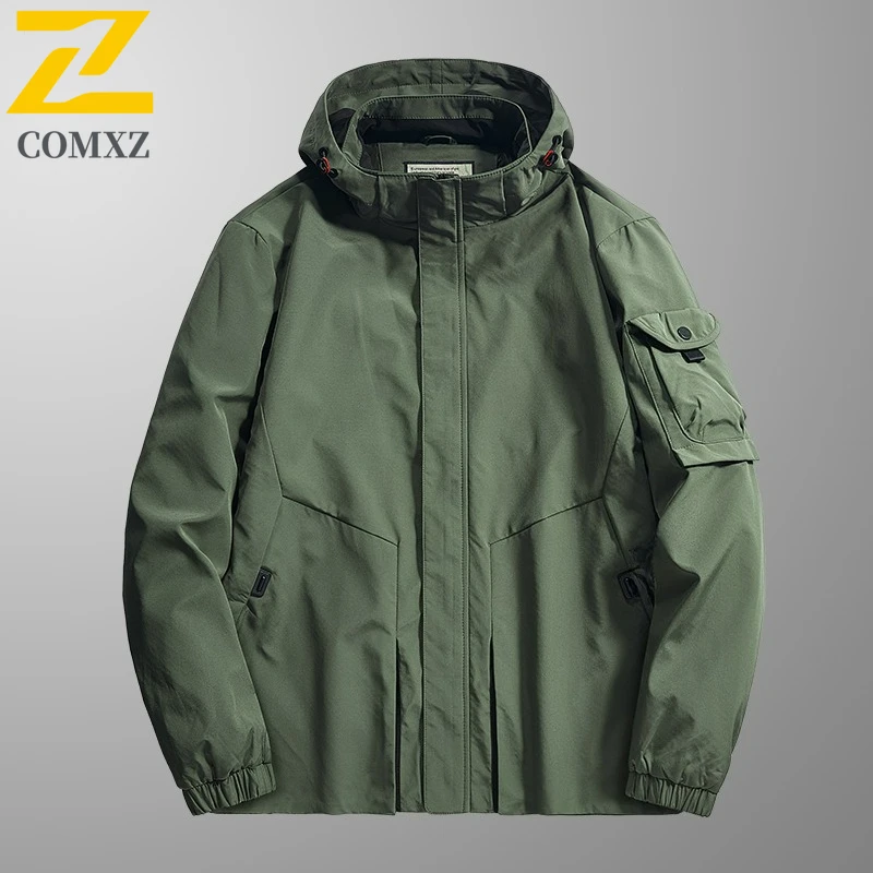 COMXZ Premium Mens Jacket Outdoor Mountaineering Windproof Coat Loose Hooded Camping Wind Resistant Spring Autumn Windbreaker