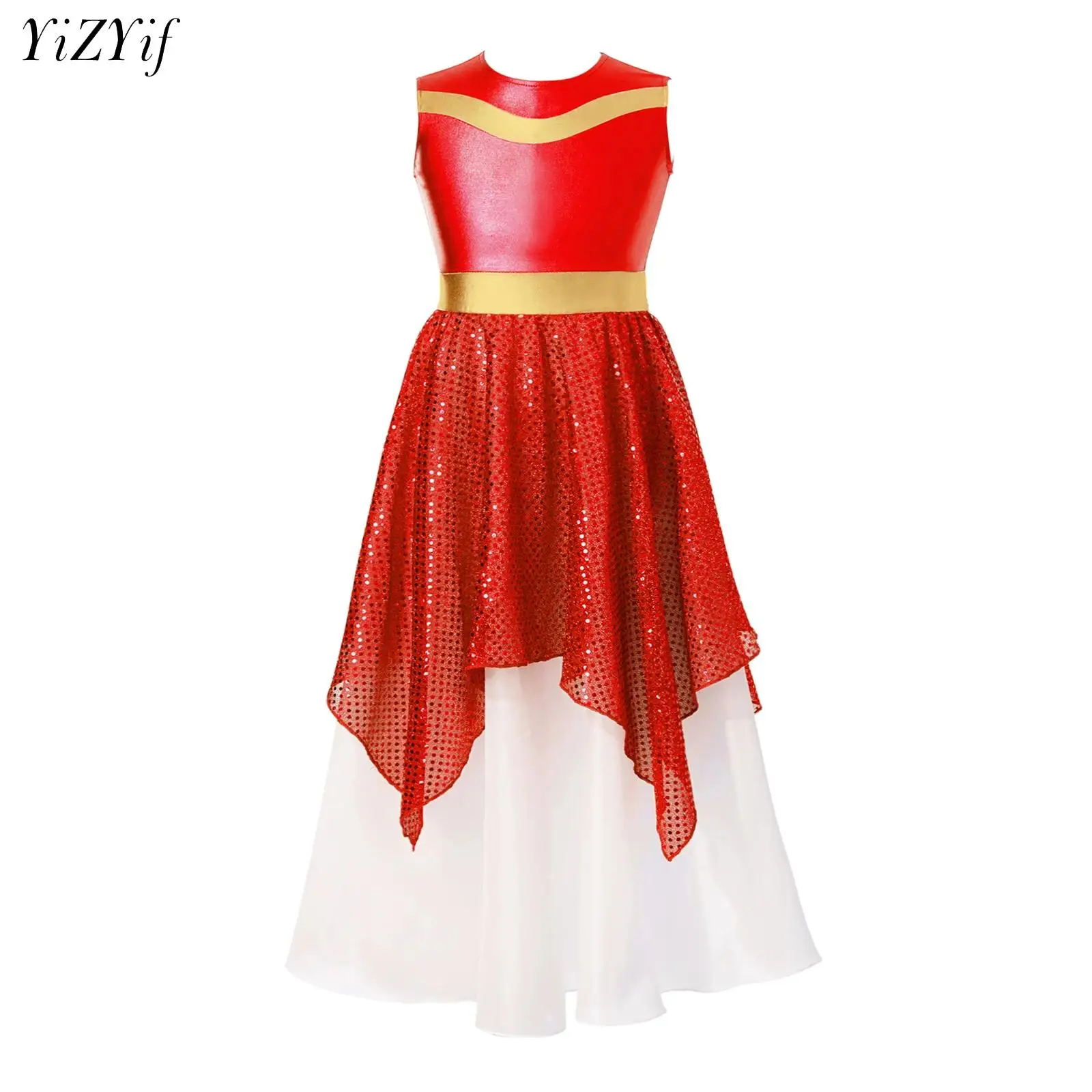 

Kids Girls Lyrical Dance Dress Praise Worship Dancing Performance Costume Sleeveless Metallic Bodice Shiny Sequin Long Dress