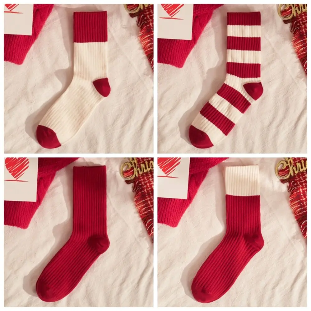 Creative Striped New Year Red Socks Breathable Cotton Good Luck Socks Thicken Female Hosiery Mid Tube Socks Zodiac Year