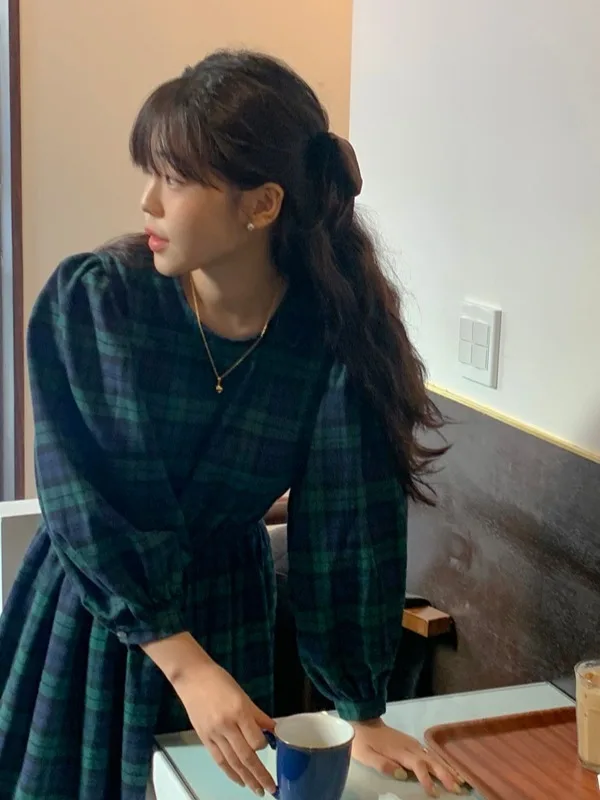 Início do outono xadrez longo sve feminino dr camada base coreano sle aosphere sensação faion ci commute dr