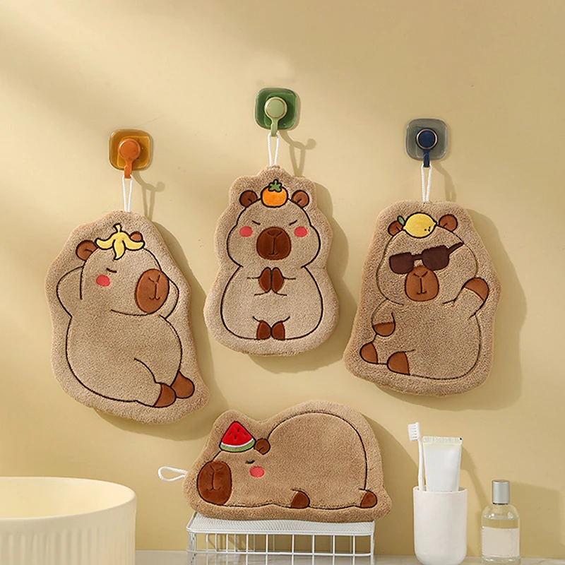 Cartoon Hand Towel Cute Capybara Hanging Towel Kitchen Bathroom Face Washcloth Guinea Pig Coral Fleece Quick Drying Towel