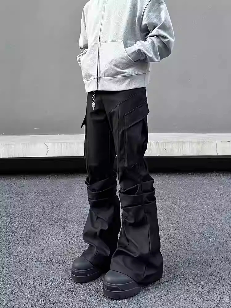 

Cleanfit American High Street Men's Slim Fit Bla Work Pants Casual Flared Legs Folded Waist Zipper Closure Straight Leg