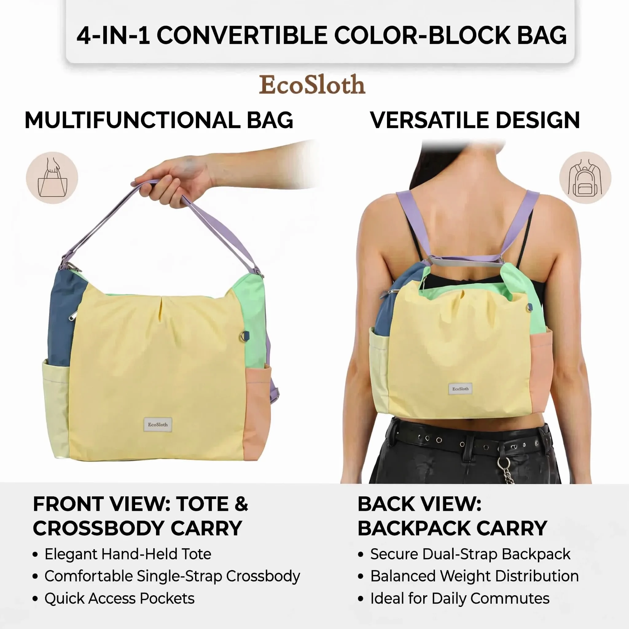 

EcoSloth Convertible Fashion Backpacks With Large Capacity Shoulder Handbags for College Work Travel Tote Bag Dopamine Daypack