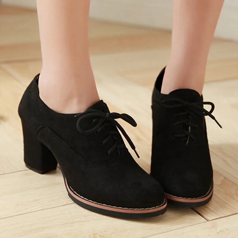 

Women's Lace Up Pumps, Solid Color Round Toe Chunky Heels, Comfy All-Match Office Shoes