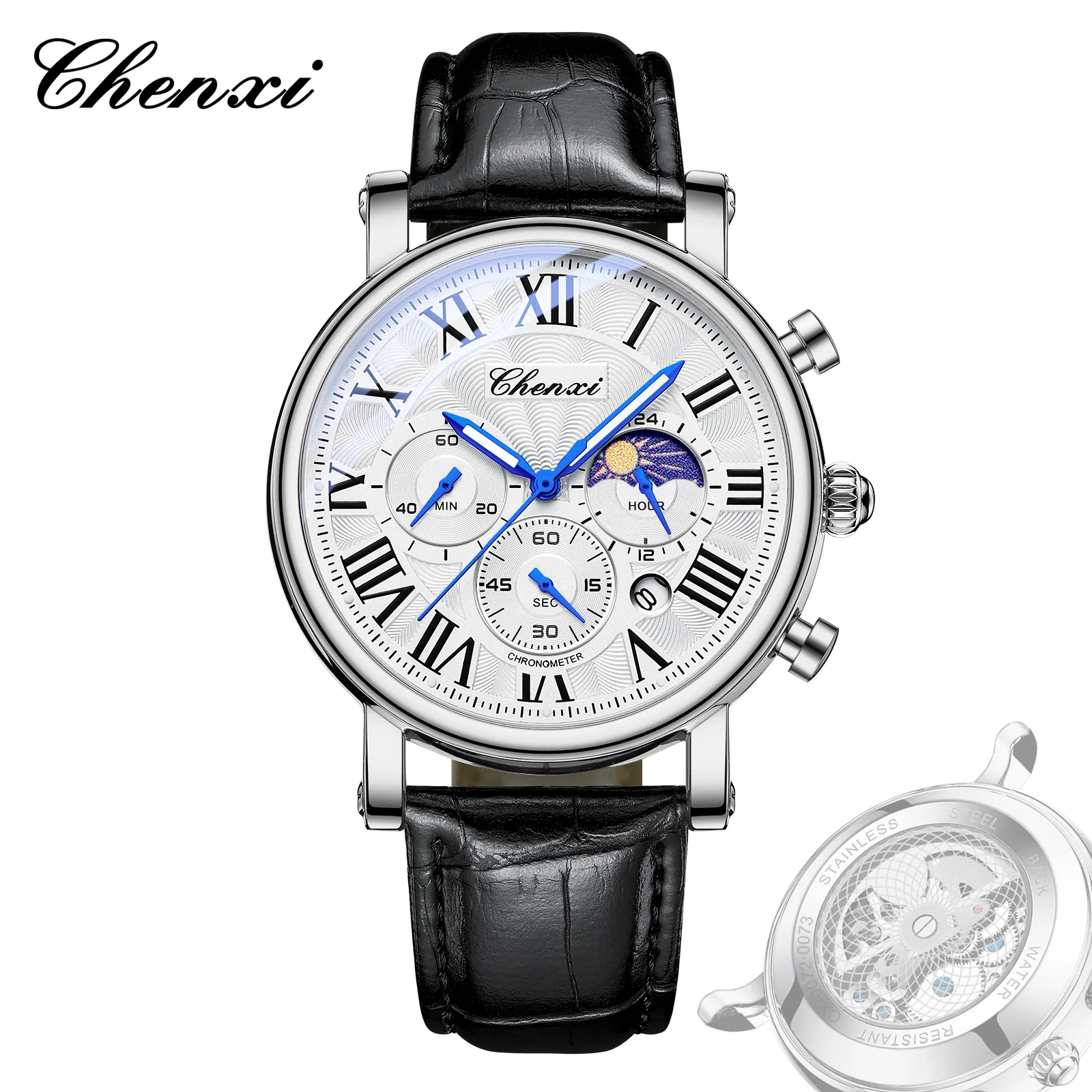 Watches For Men Leather Sweeping Second See-through Quartz Movement Waterproof Moon Phase Chronograph Wristwatch Men's Watch