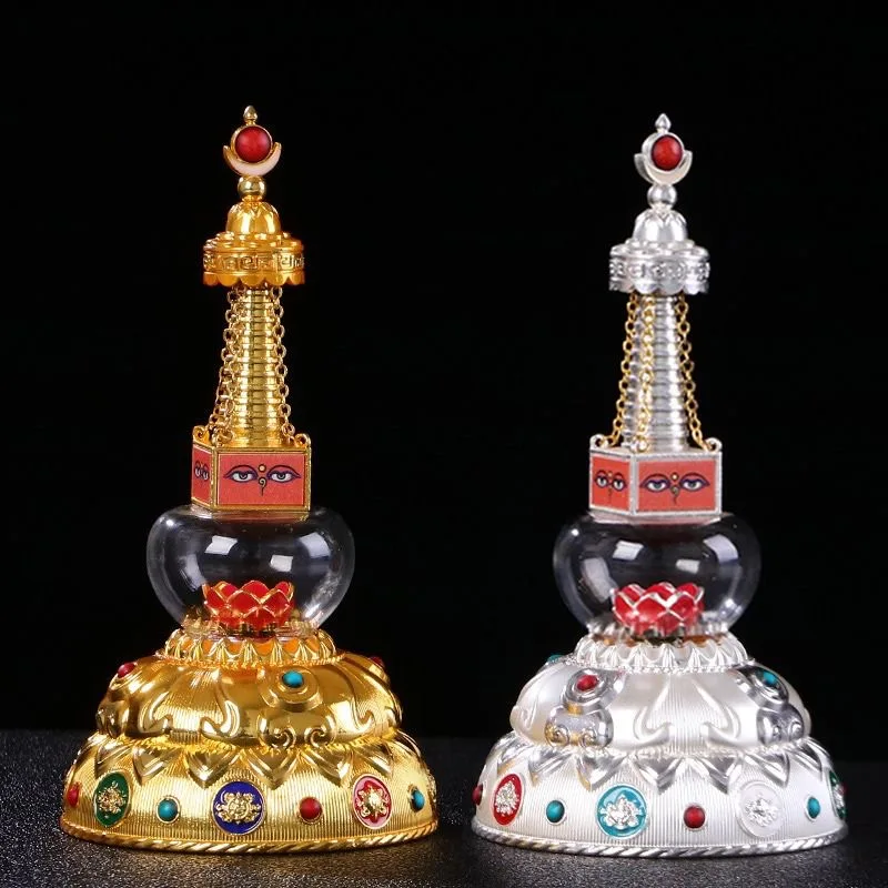 

Silver Tibetan Stupa Tantric Auspicious Pearl Inlaid Gem Glass Eye Heaven Alloy Handicraft Altars Indoor Desktop Decorative