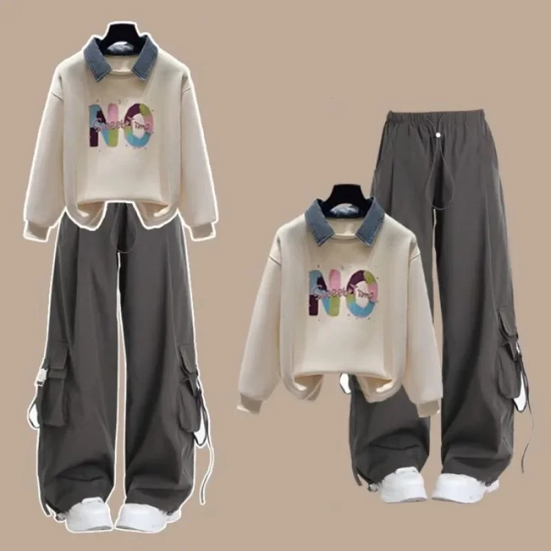 

2025 Girls' New Fashion In Tracksuit Matching Set Korean Elegant Fake Two Piece Long-sleeve Hoodie Top+Casual Cargo Pants Suit