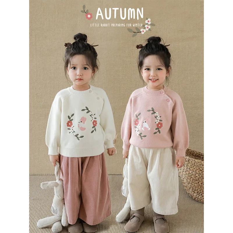 Girls Embroidered Sweater Autumn Fashion Casual Stylish Versatile Children's Ribbed Raglan Knit Cardigan Jacket