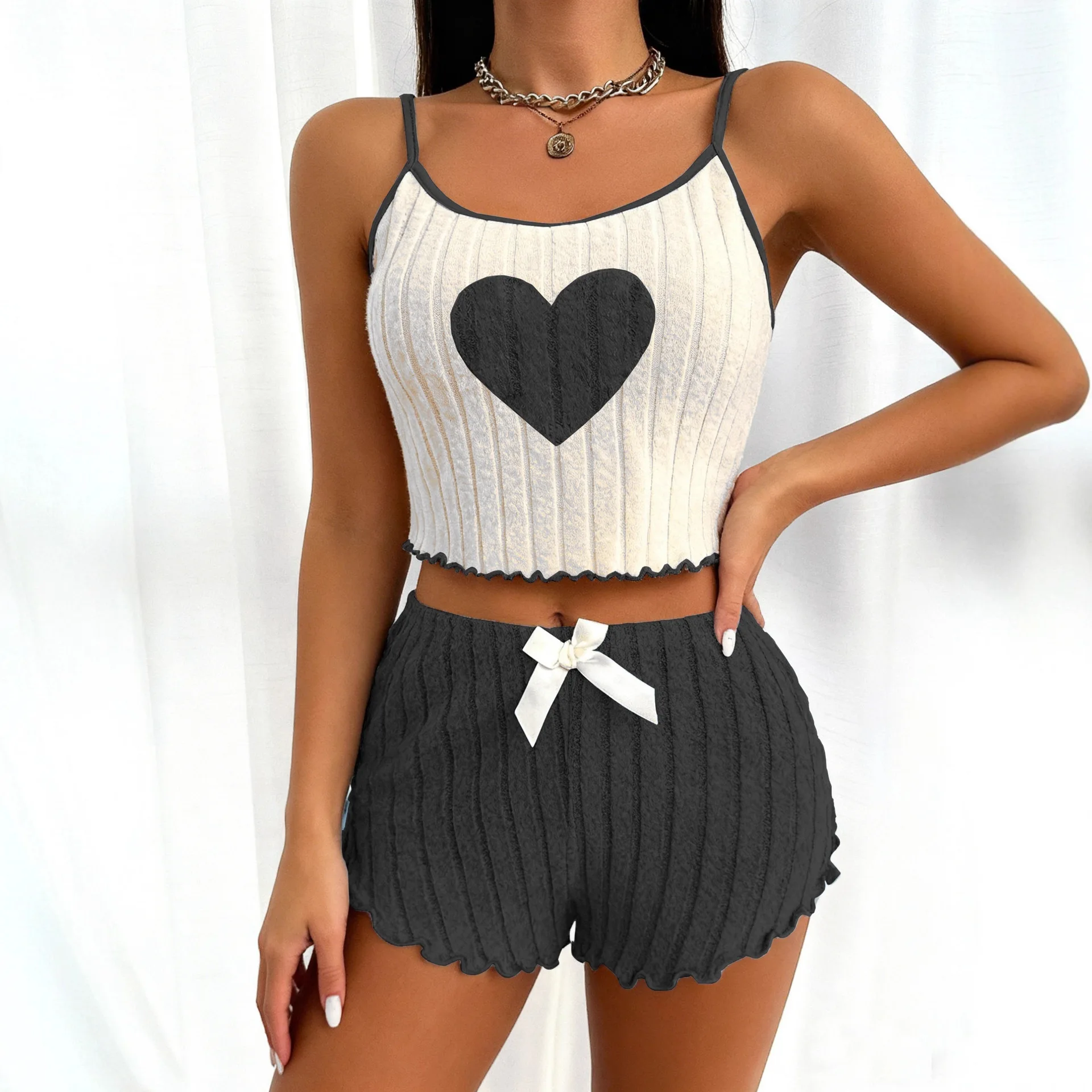 2026 European and American Cross-border Foreign Trade Women's New Style Heart Two-piece Shorts and Tank Top Loose Leisure Set