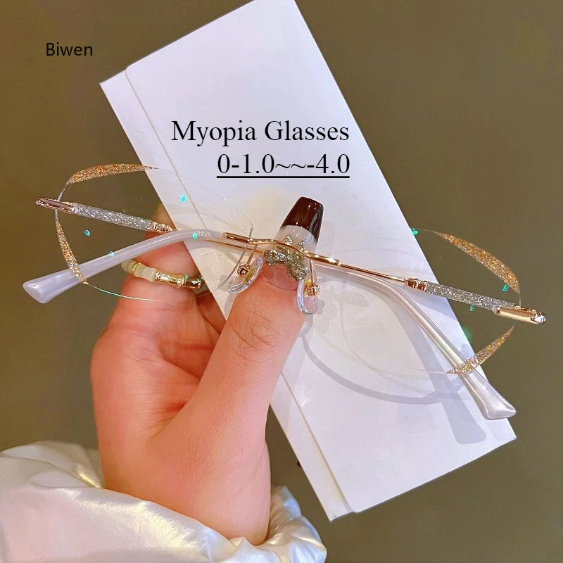 Women Ladies Rimless Minus Glasses Anti Blue Light Eye Protection Near Sight Glasses Ultra Light Eyeglasses Diopter 0 To -4.0