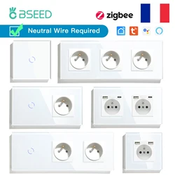 BSEED ZigBee Light Switches 1/2/3Gang Smart Touch Switches Smart Life APP Glass with Normal French Sockets Without Smart USB C