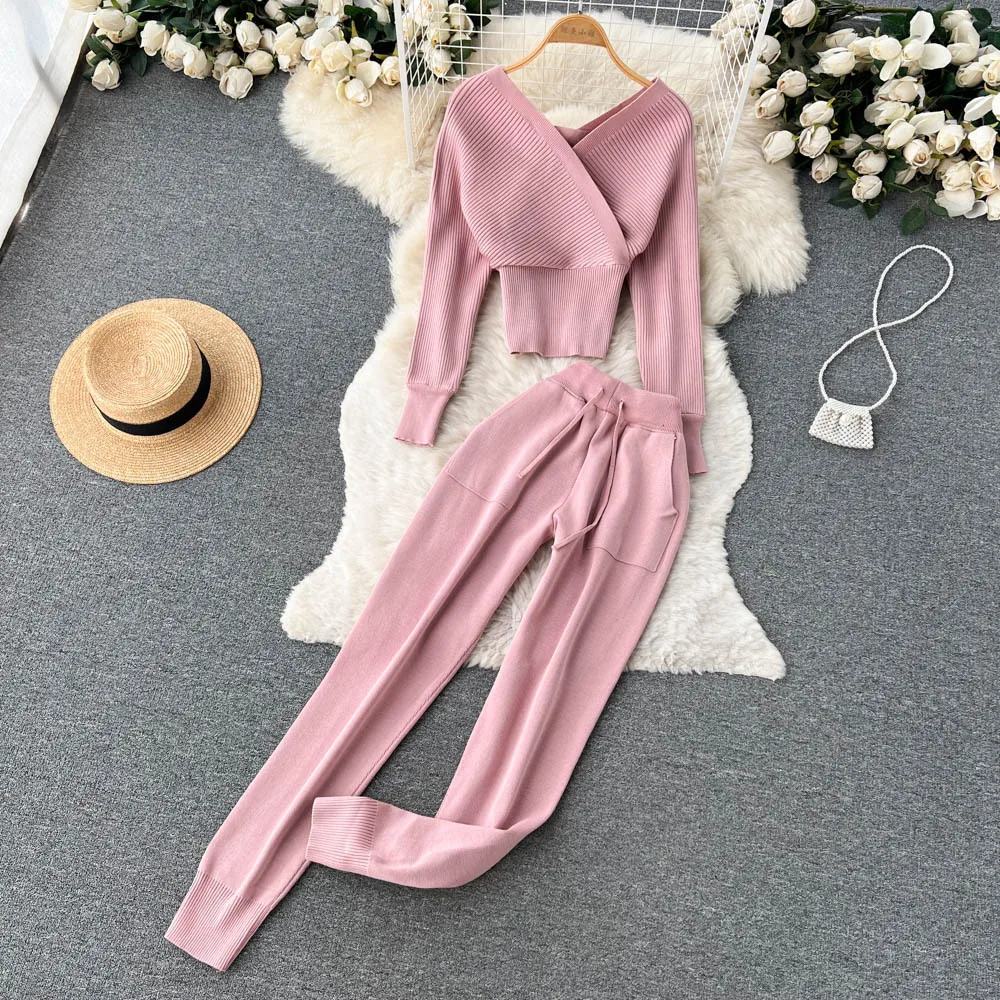 Winter Casual Knitted Two Pieces Sutis Loungewear Women V Neck Long Sleeve Sweater+ Elastic Casual Long Pants Home Suit Sweater