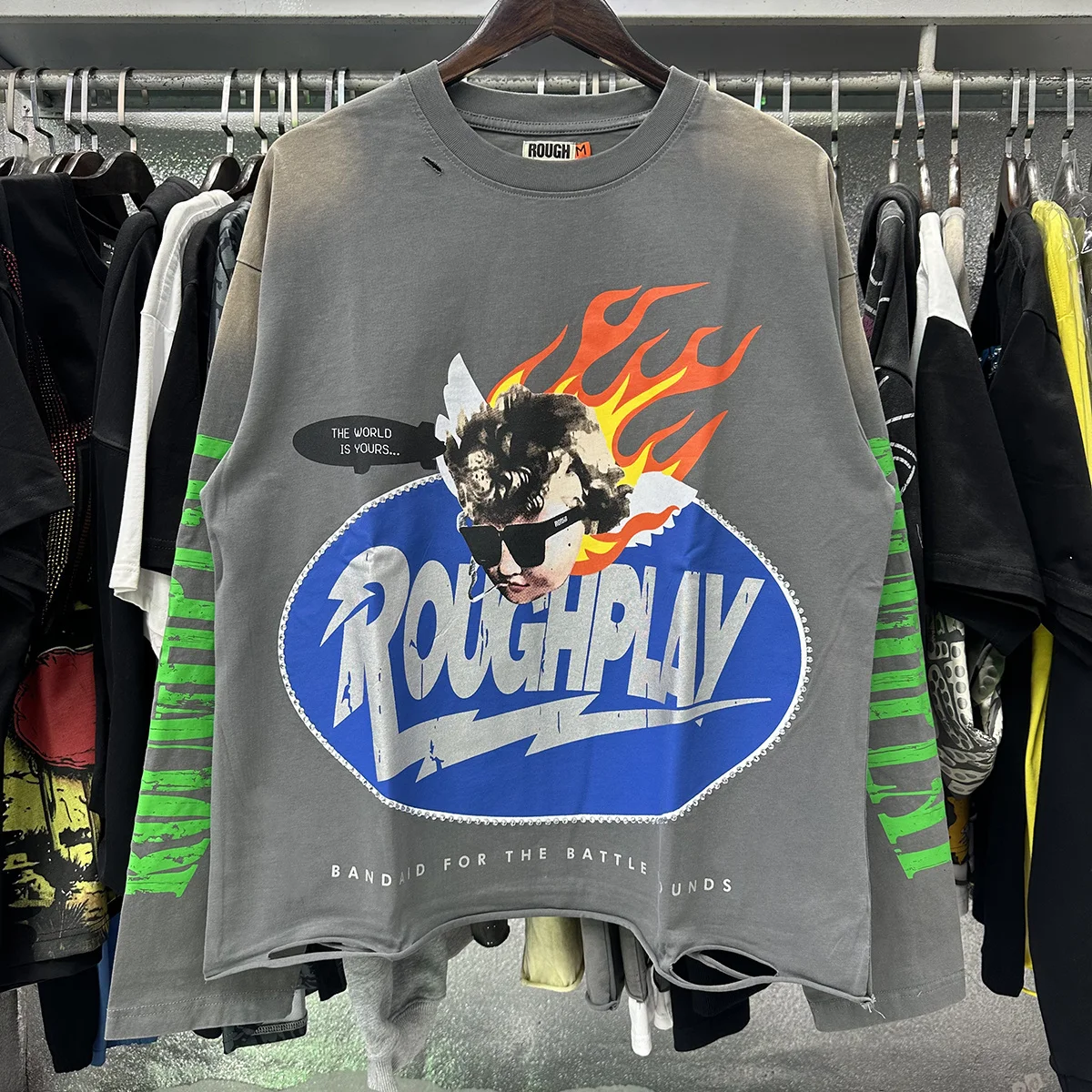 Rough Play American Retro Style Long Sleeve round Neck Cotton T-Shirt Glittering Durable Casual Loose Fit Street Style Tee