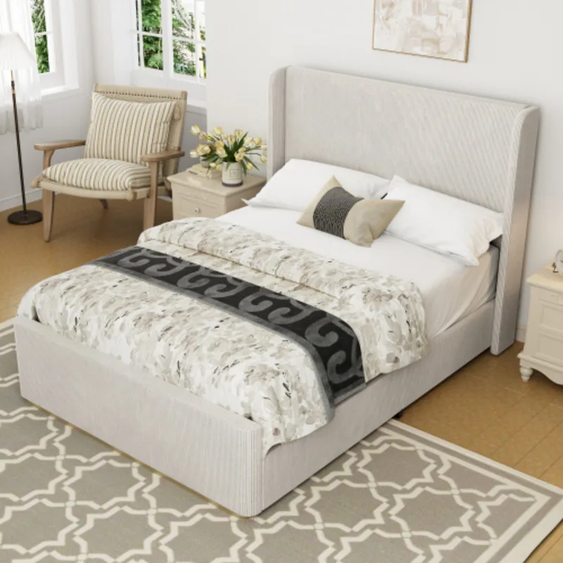 Queen Size Corduroy Upholstered Bed Frame With Vertical Stripe Wingback Headboard And High Footboard Light Grey