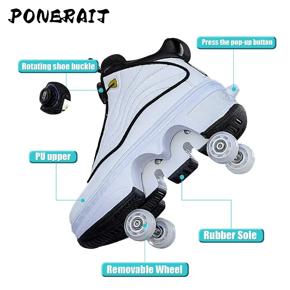 Women's Speed 4-Wheel Detachable PU Sneakers Dual-Purpose Flashing Roller for Boys Girls Children Fashionable Wheel Sneakers
