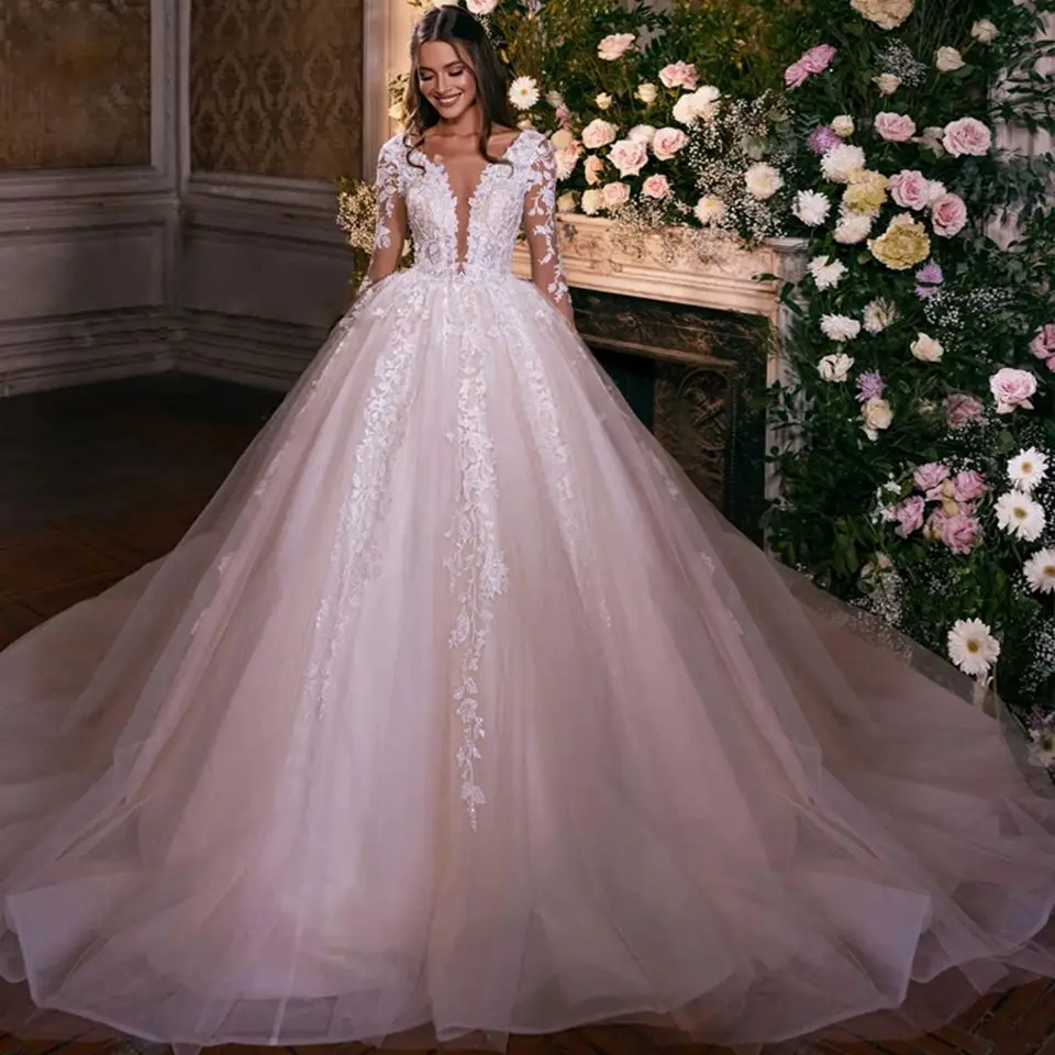 Elegant Ivory Illusion Full Sleeves V-Neck Wedding Dresses 2026 Princess Lace Appliques Ball Gown Bridal Gowns Vestidos De Novia
