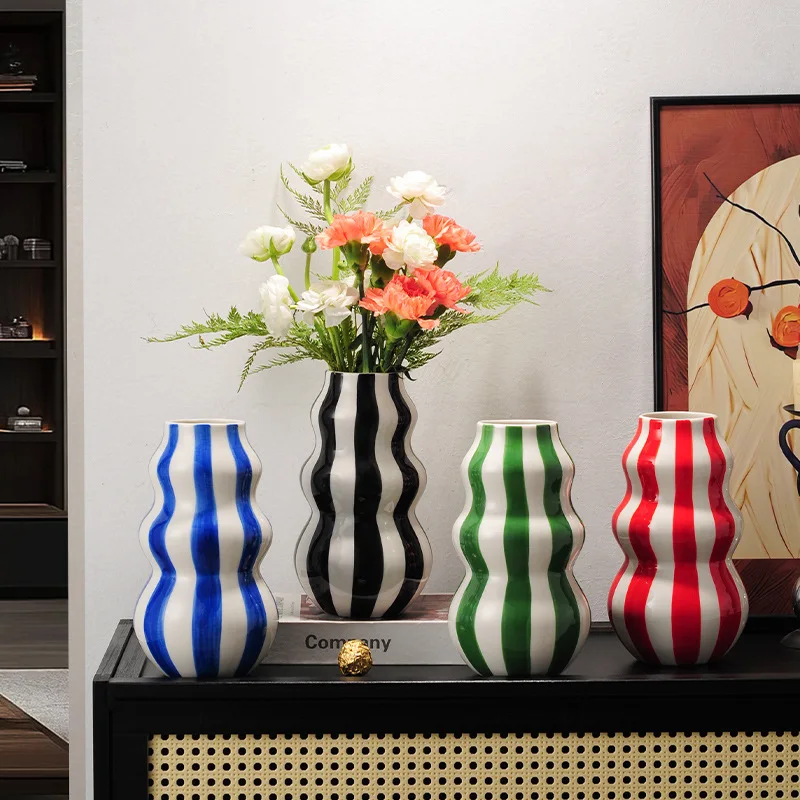 

Nordic Retro Ceramic Striped Vase Ornaments Living Room Flower Arrangement Decorations Advanced Hydroponics Dry Flower Device