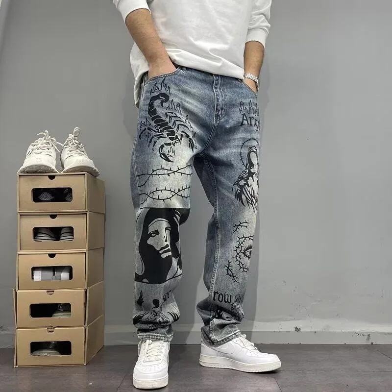 Autumn and Spring New Fashion Trend Printed Straight Leg Sports Denim Pants Men… - Image 5