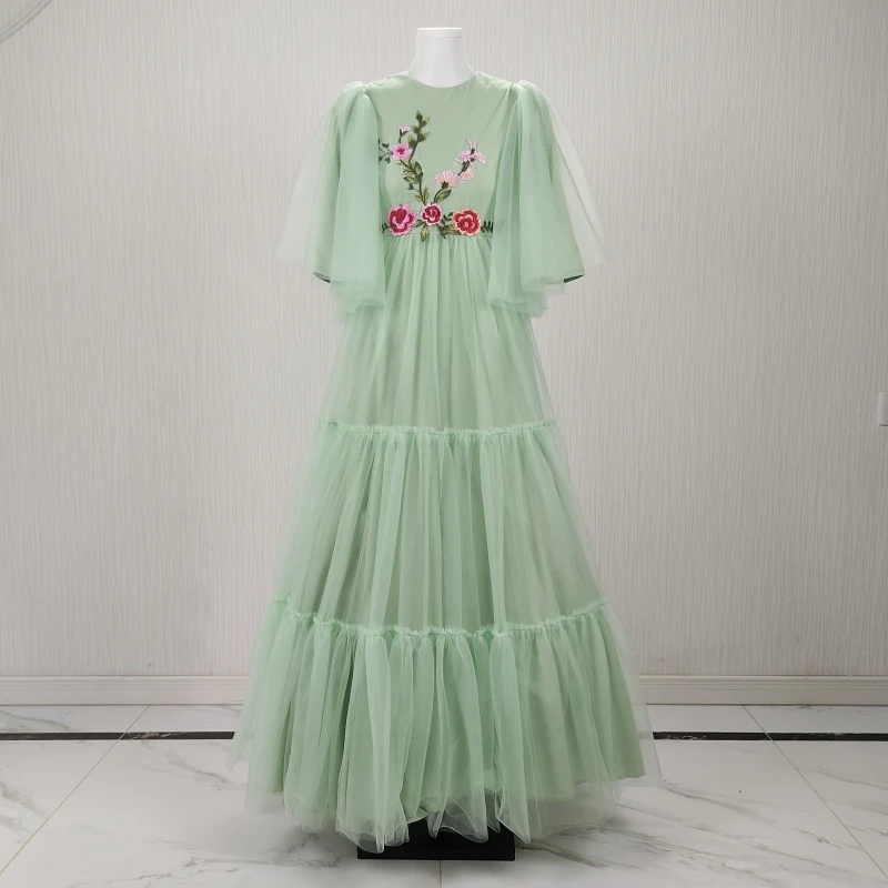 

Real Photo Customized Flower Girl Dress Green Modest O-neck 3/4 Sleeves fully lined Zipper Back A-line Floor Length Kid Gown