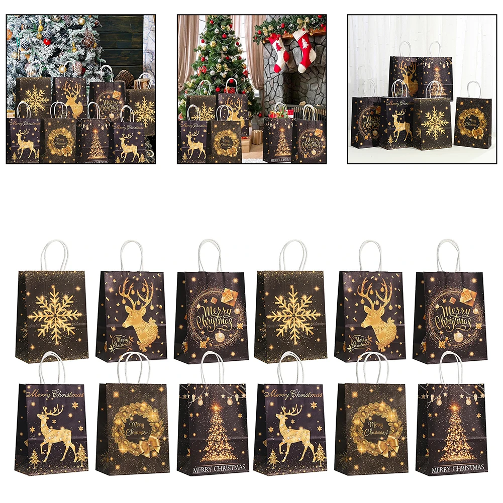 12PCS Christmas Candy Bags With Handle Christmas Kraft Paper Bags 2024 New Year Christmas Tree Elk Snowflakes Gifts Box Xmas Bag