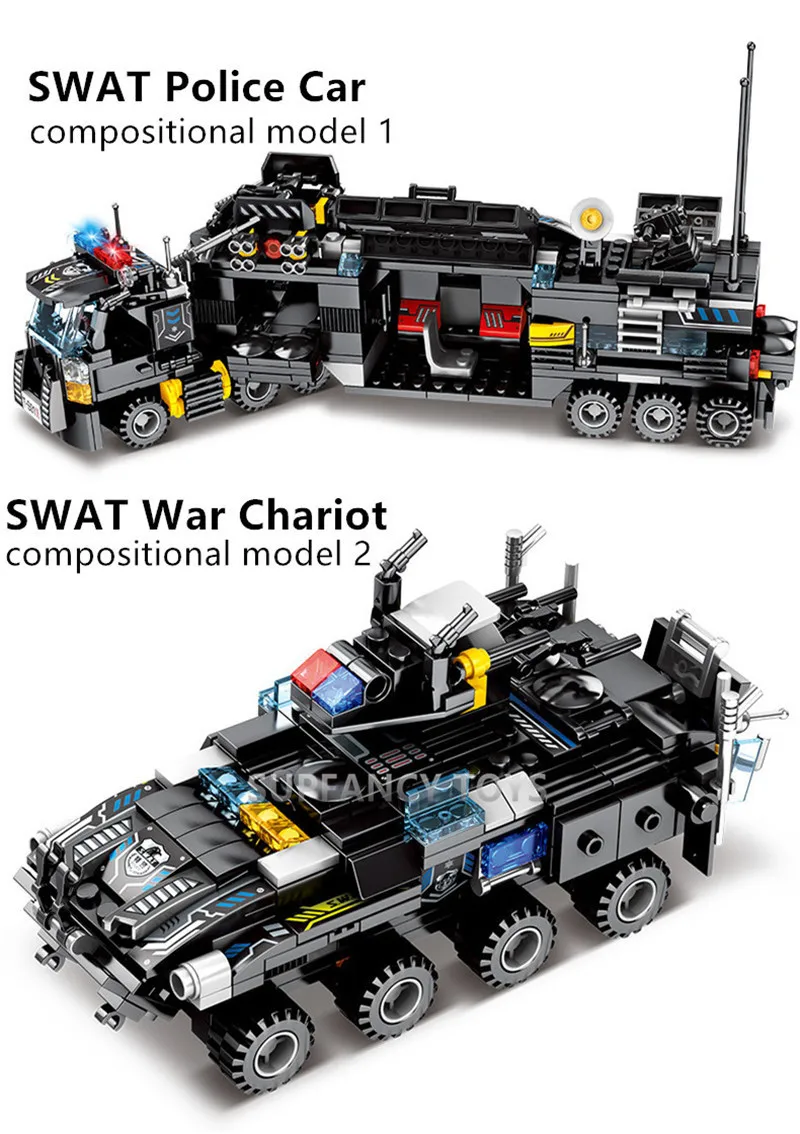 8Pcs/lot 695Pcs City SWAT Truck House Ship Building Blocks Sets Police Command Vehicle Car Bricks Educational Toys for Children