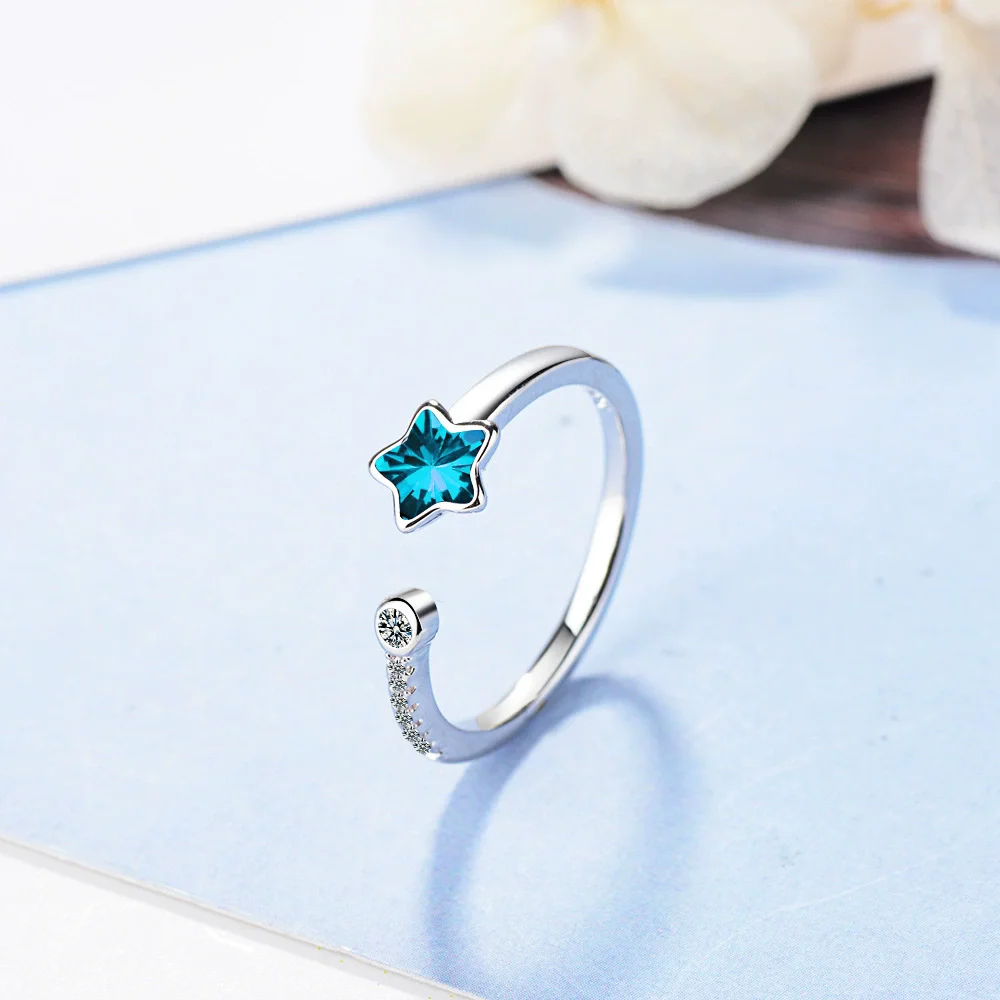 S925 Sterling Silver Version Fashionable Deep Sea Blue Pentagram Diamond Ring for Women Jewelry Gifts
