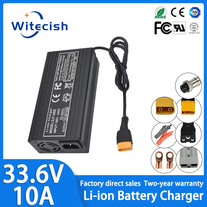 33.6V 10A Lithium Li-ion Battery Charger For 8S 28.8V 29.6V RV Lithium Battery Pack Charger GX16/XT60/XT90 Connector