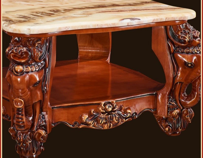 European marble corner table, solid wood elephant carved square table villa living room small tea table