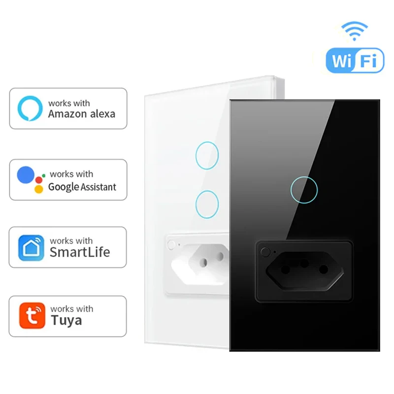 Tuya Wifi Smart Brazil Light Switch Wall Socket Plug Outlet 1/2 Gang Touch Sensor Glass Works With Smart Life Alexa Google Home