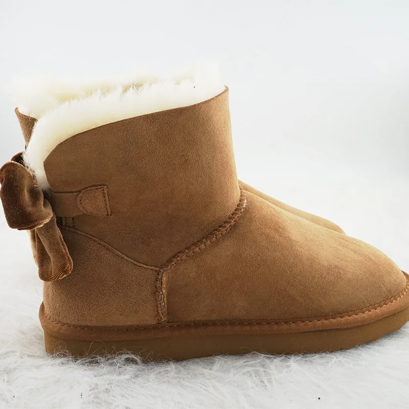 New Classic Velvet Bow 100% Genuine Sheepskin Leather Snow Boots Natural Fur Women Boots Warm Winter Boots Ankle Boots