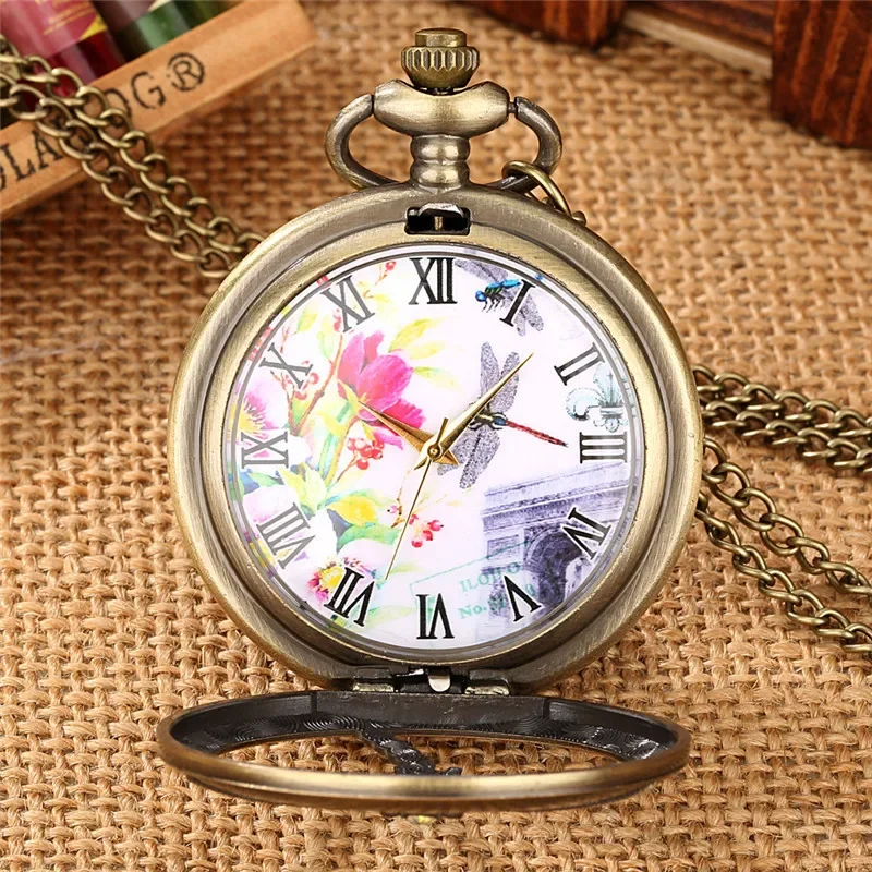 Antique Style Hollow Out Dragonfly Design Unisex Quartz Pocket Watch Roman Numeral Display Necklace Pendant Chain Gift Clock
