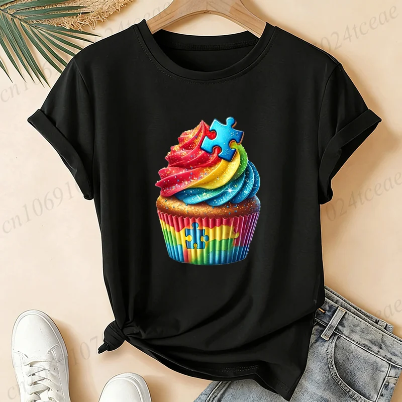 Women Men Autism Awareness Rainbow Cupcake T Shirt Cute Dessert Graphic Tee T-Shirts Autism Acceptance Short Sleeve Tops