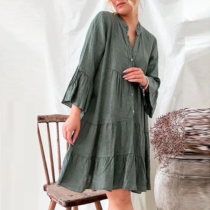 

Women New Summer 3/4 Horn Sleeve Party Dresses Fashion Lady Cotton Linen Loose Mini Dress Beach Casual V Neck Button A Line Dres