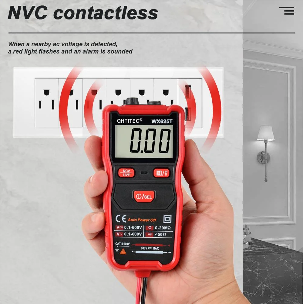 QHTITEC-625T Multímetro Digital, True RMS, Alcance Automático, Multímetro, Medidor de Transistor, AC, DC Tensão Tester com Lanterna NCV