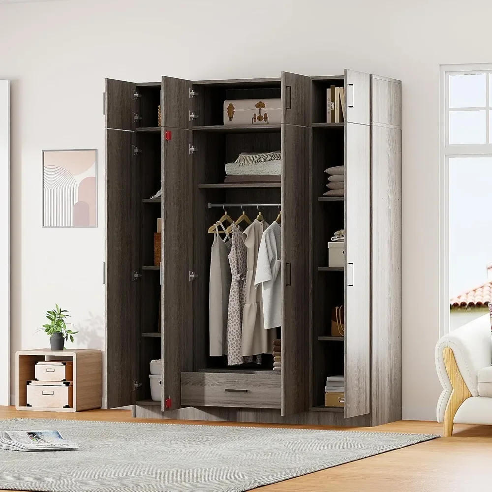 Modern 4-Door Wardrobe with Hanging Rods, Drawer and Top Cabinet - Stylish Gray Storage Solution (59.2''L x 19.2''W x 80.8''H)