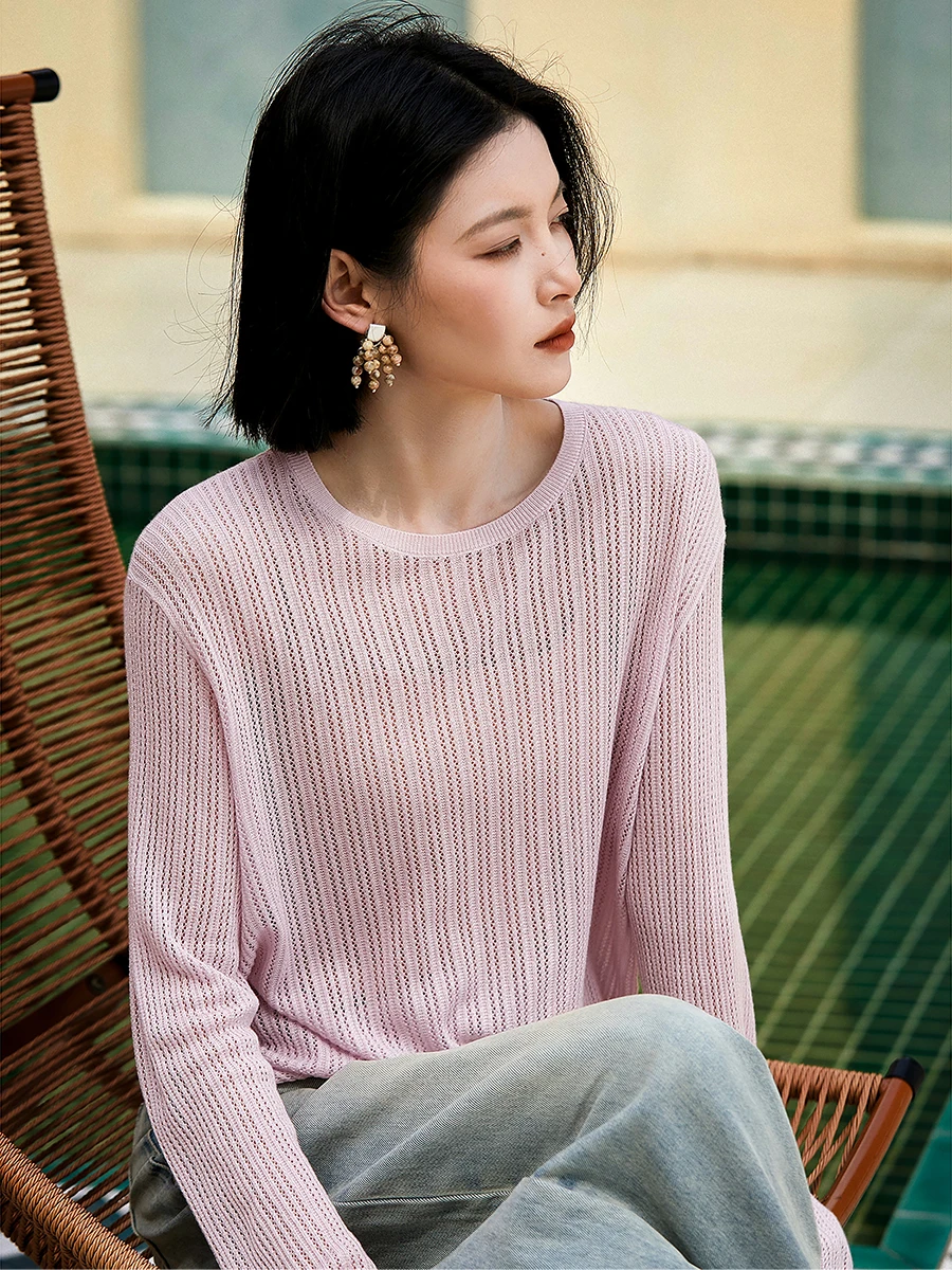 

Rainbow Sugar Knitted Long Sleeve Hollow out round Neck Top Women's Elegant Style Soft Rayon Fiber Blend Breathable Comfortable