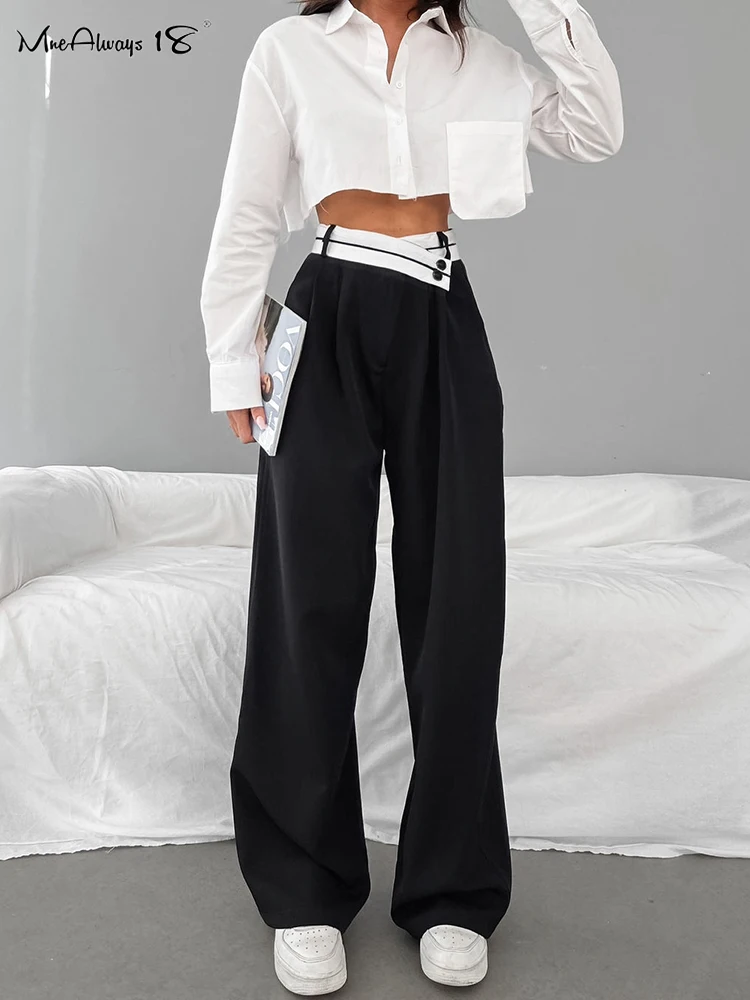 

Mnealways18 Patchwork Wide Leg Pants Women Black Contrast Casual High Waist Pants Spring Summer 2024 Baggy Trouser Office Ladies