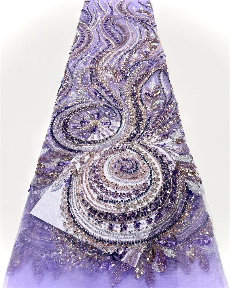 Luxury African Heavy Sequins Lace Fabric High Quality Lace French Nigerian Beads Lace Mesh Fabrics Beads For Wedding Party Dress