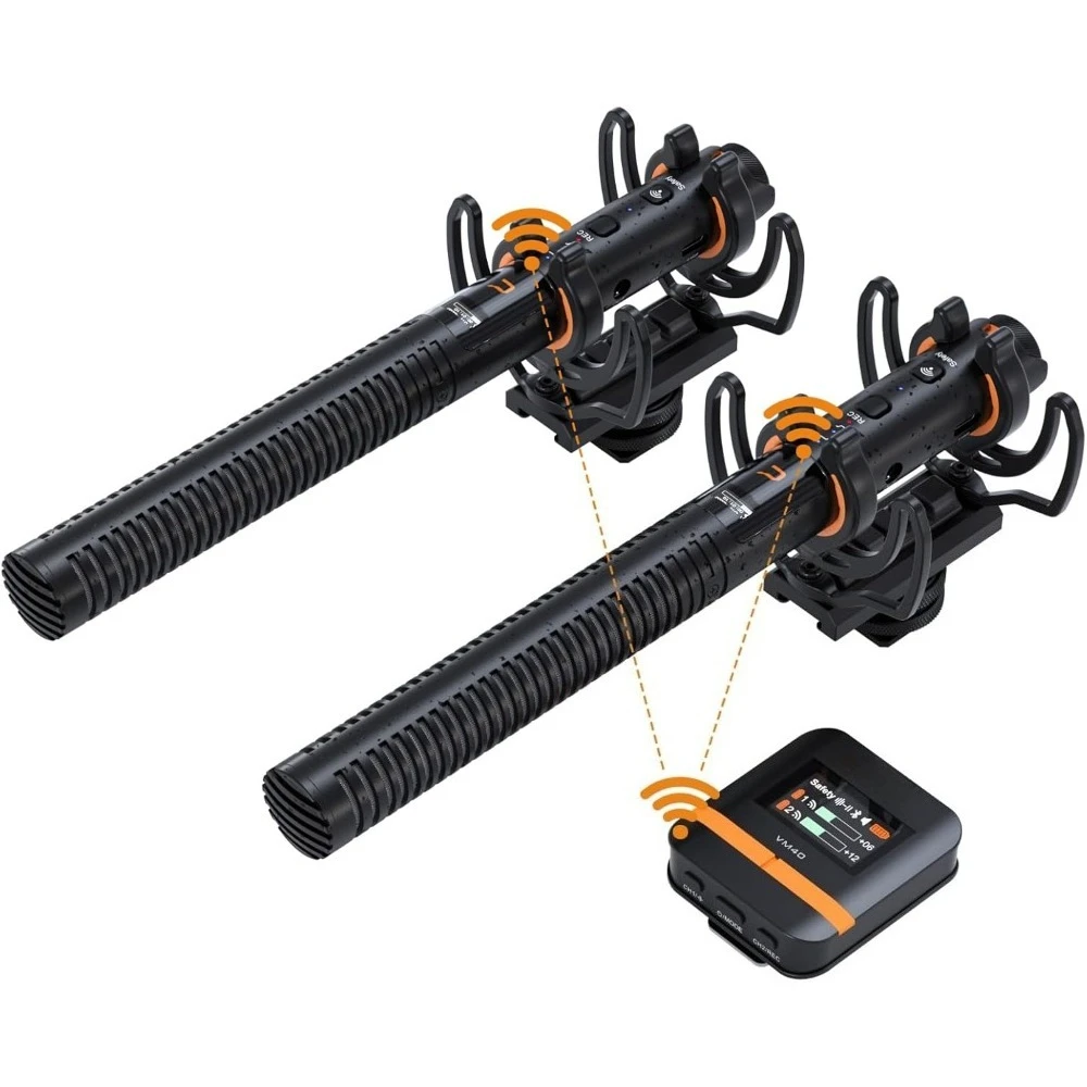 Wireless Shotgun Microphone Dual Channel Super Cardioid Condenser Mic for Camera Smartphone PC Recording