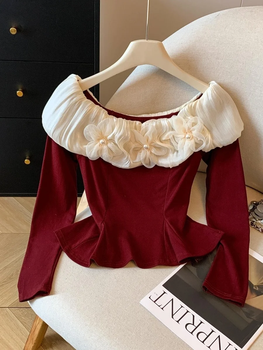 Splendido top invernale lavorato a maglia rosso con una spalla ingombrante in vita Abbigliamento interno da donna Dolce Sle Slim Fit Nylon lungo Sve Ciwalk