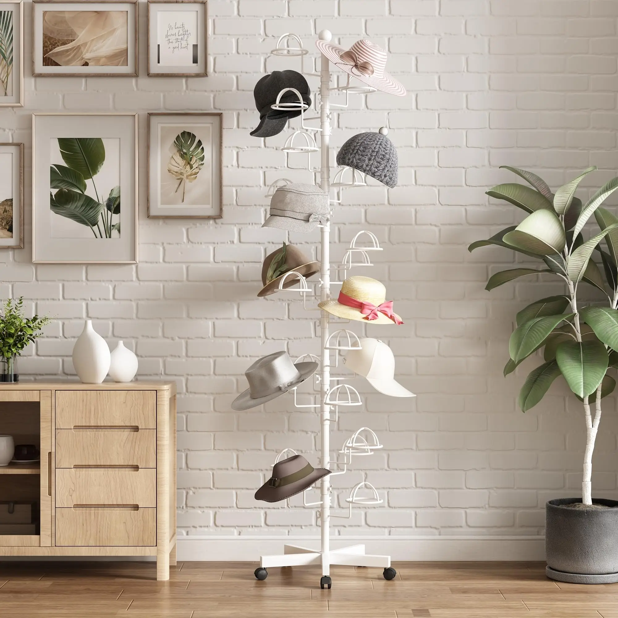 

White Mobile Hat Organizer With 15 Rotating Hooks For Household And Retail Storage