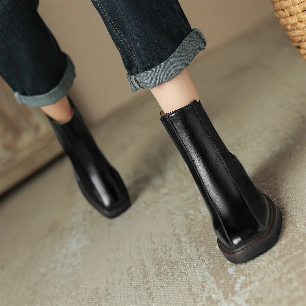 Taoffen Gradient Color Chelsea Boots Cow Leather Square Toe Fashion Slip On Thick Sole Block Heel Ladies Square Toe Ankle Boots