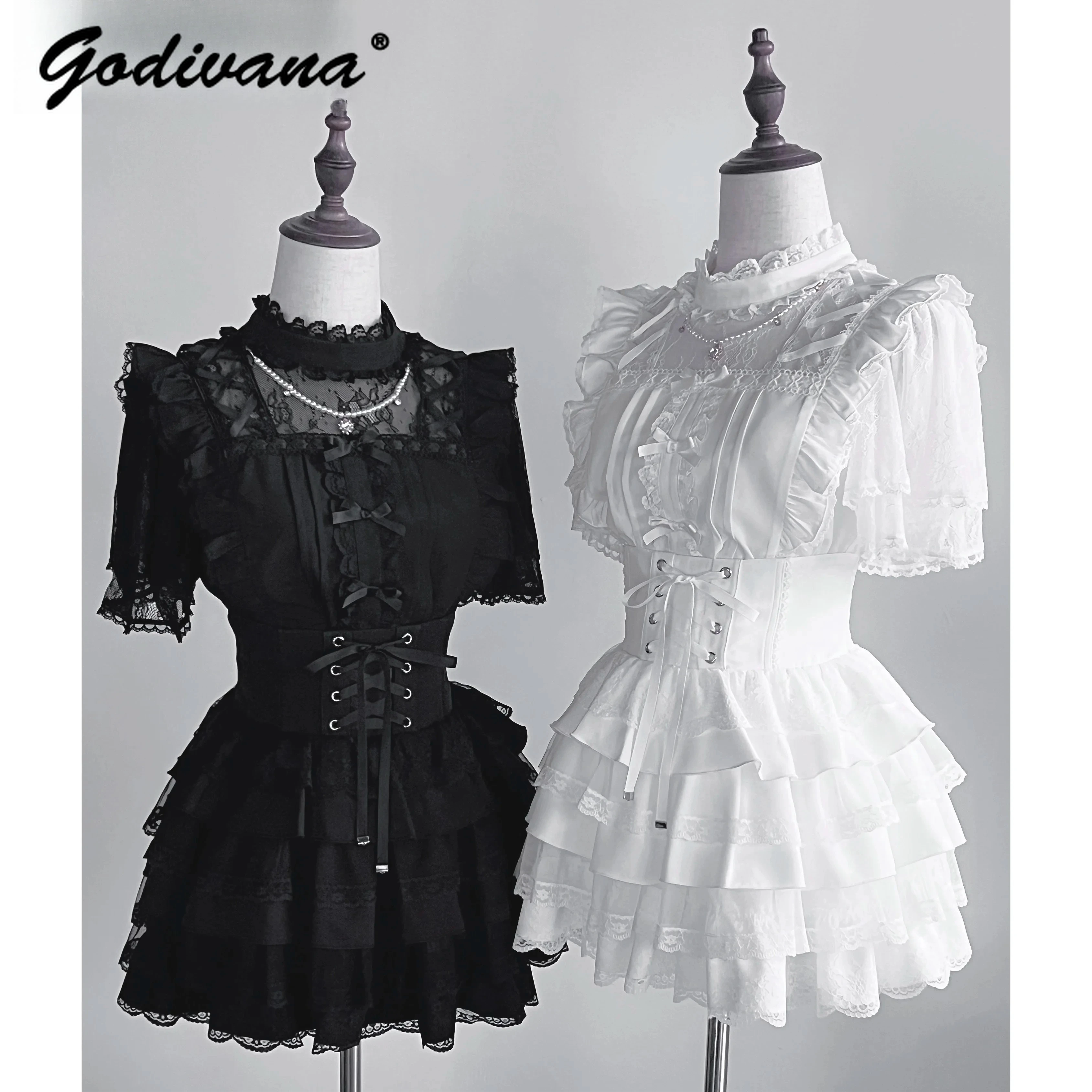 

New Summer Japanese Lace Shirt and Skirt Set Girl Women's Sweet Short-sleeved Blouse Top Lace-up Cake Skirt Lolita 2-piece Sets