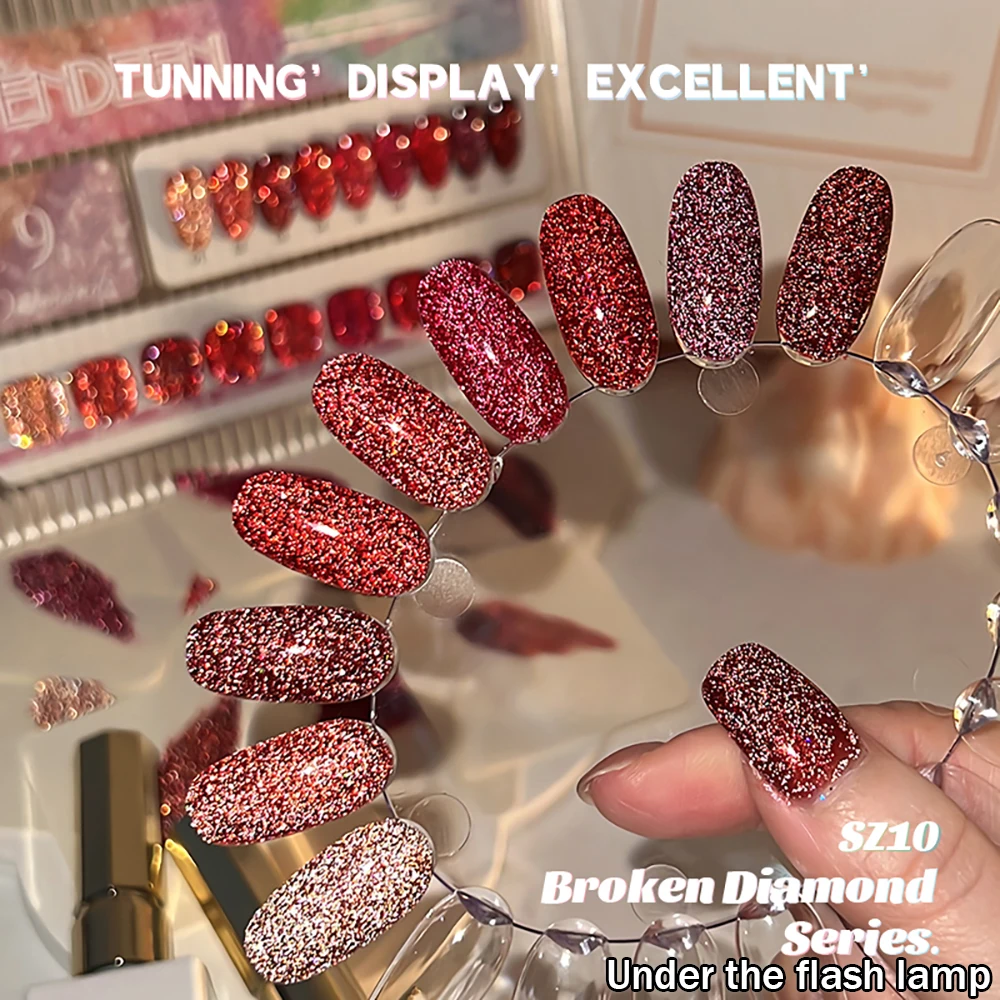 Vendeeni 9 Farben/Set Roter Glitzer-Broken-Diamond-Gel-Nagellack TPO HEMA-FREI Glitzer UV LED Soak-Off Gel-Lack mit Display – Detail 14