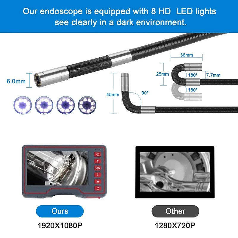 고화질 스티어링 360 ° 내시경, 5 인치 스크린, 8.5mm, 6mm 렌즈, 200W 픽셀, 1m, 3m, 5m 파이프 라인 탄소 제거, 자동차 수리