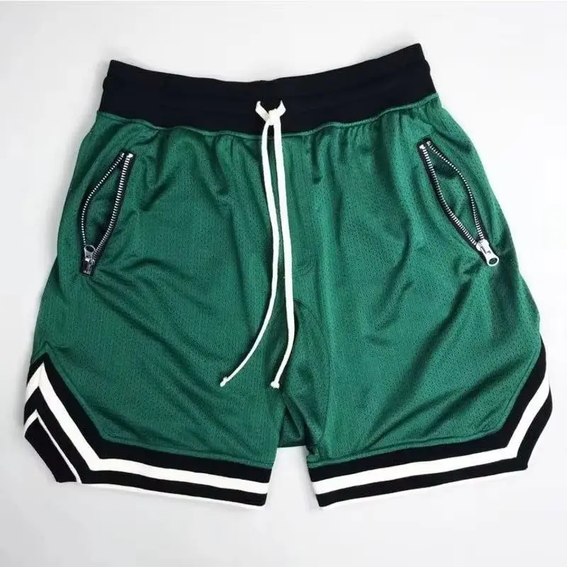 Men's Zippered Pocket Drawstring Shorts, Sportswear, Breathable, Quick Drying, Comfortable, Loose Fitting Color Matching Shorts,