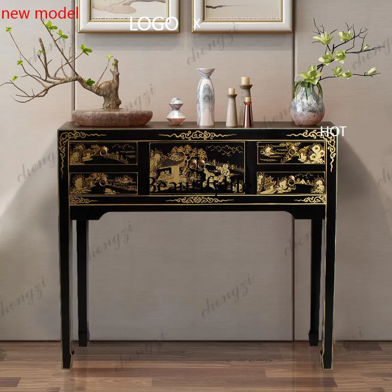 N138New Chinese-style strip case hand-painted porch side few storage small high platform solid wood antique table case table