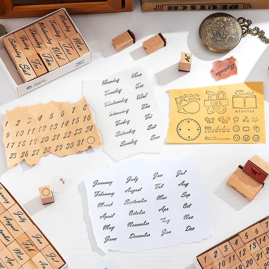 Wooden Stamp Box Week Month Digital Ledger Stamp Cross-border Date Planned Time Stamp Multiple Styles To Choose From