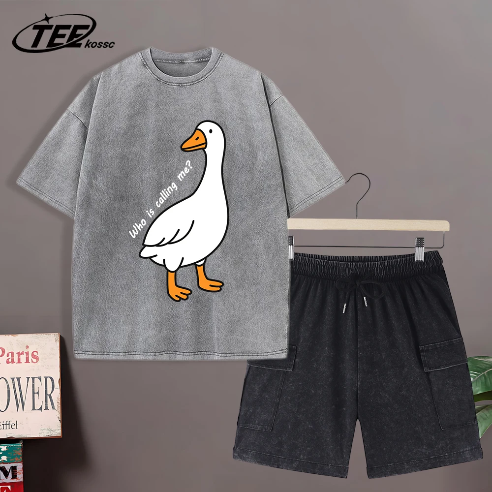 

Who Is Calling Goose Printed Snow Wash Man T-Shirts Summer Cotton Cool T Shirt Fashion Washed Short Sleeve Loose O-Neck Top Suit