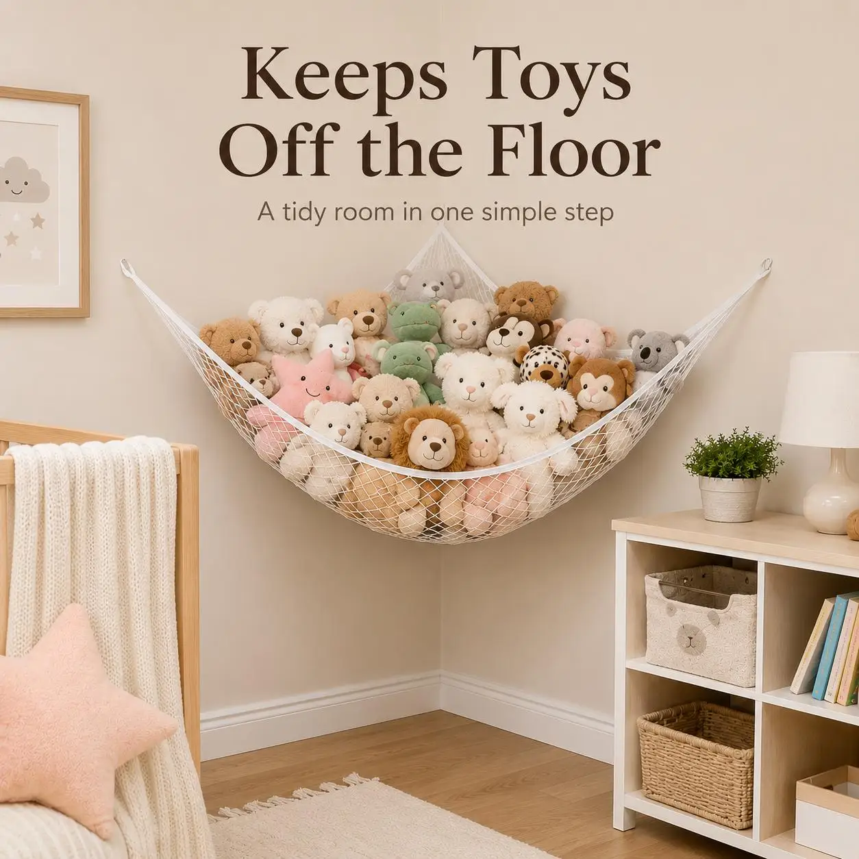 Mesh Toy Storage Hammock Hanging Stuffed Animal Organizer Net Large Space-Saving Wall Corner Holder Hollow-Out Room Decor for Kids Bedroom Nursery Playroom Easy Install Plush Toys Display view 6